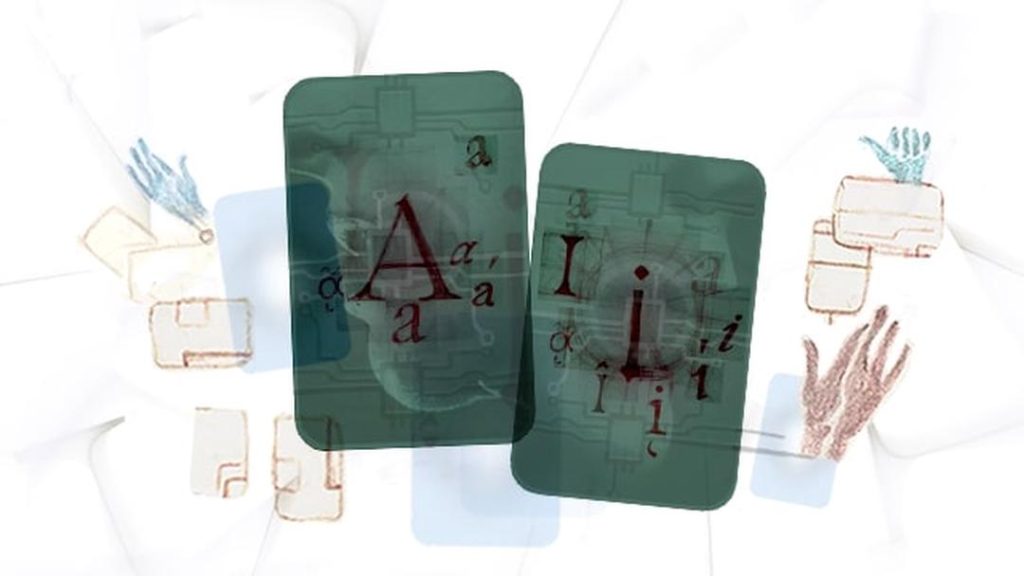 These illustrated cards are the backs of an original playing card deck assembling 56 A and I words and chess diagrams, part of a larger experimentation of analogue game investigations about A.I.